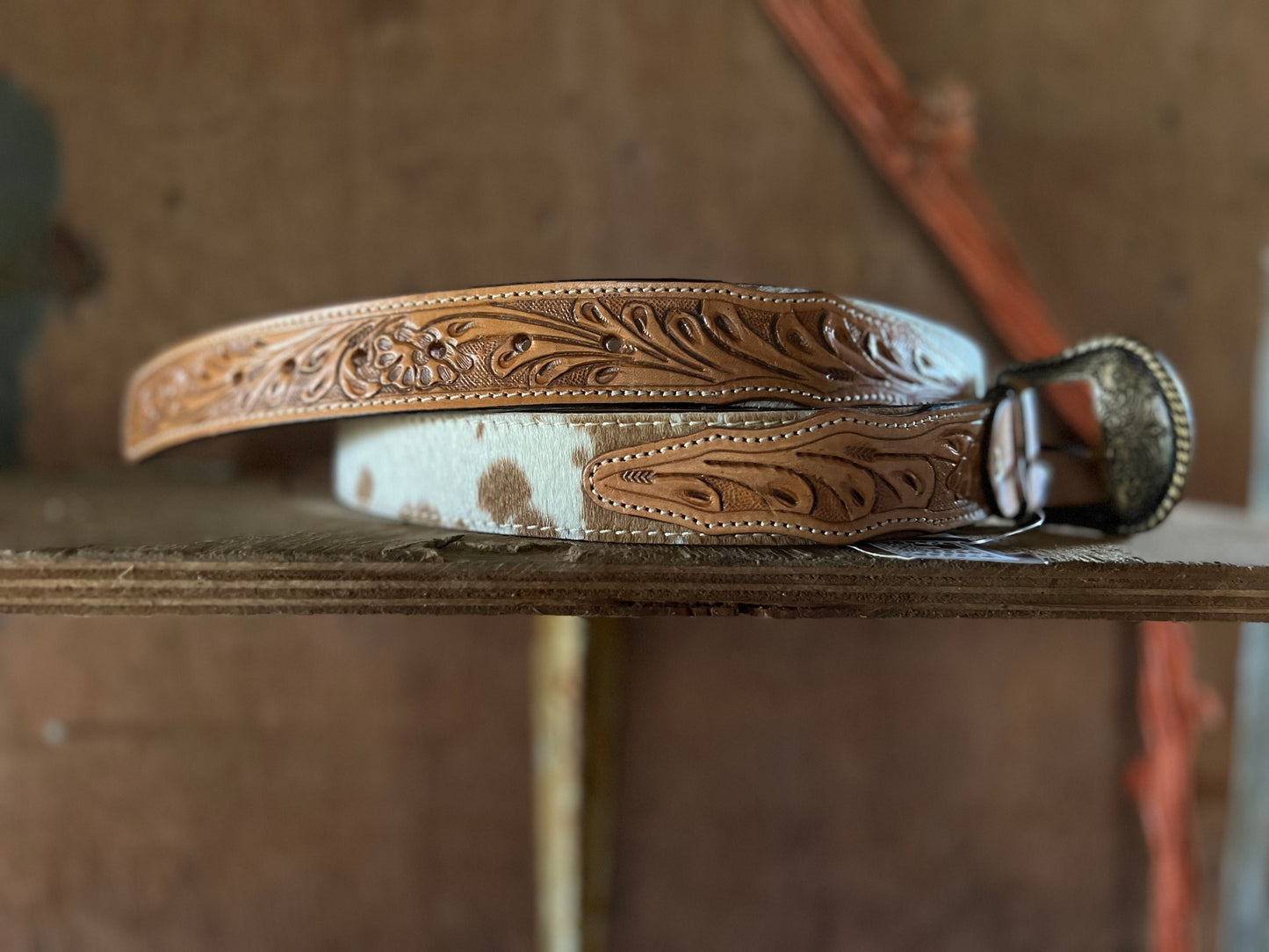 Cowhide & tooled leather belt- Medium
