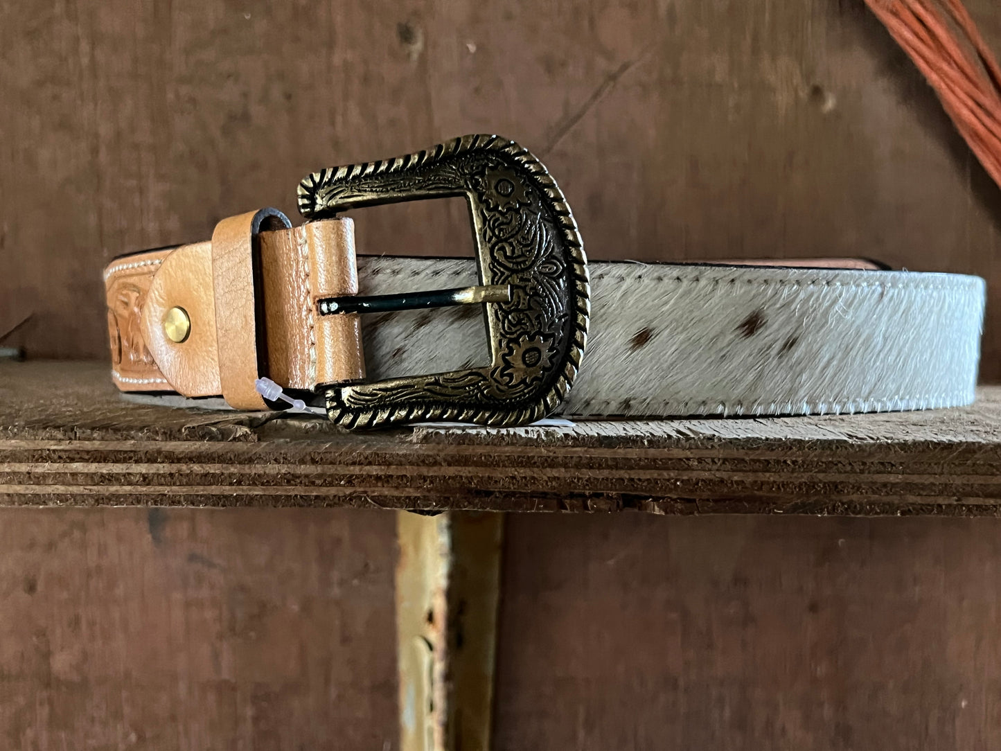 Cowhide & tooled leather belt- Medium
