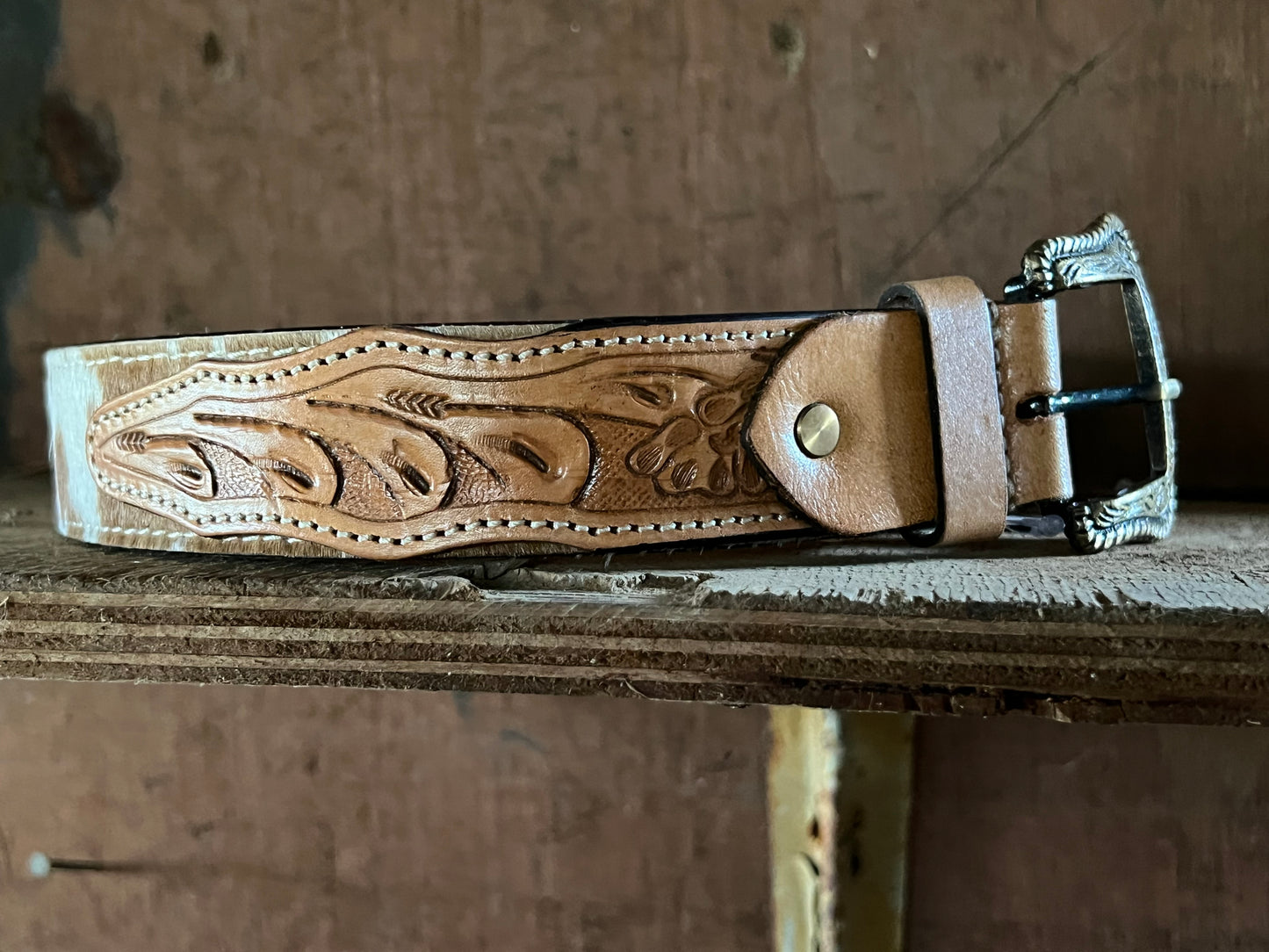 Cowhide & tooled leather belt size large